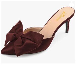 Zszszsu Dark Red Stiletto Heel Mules Pointed Toe Bow Slide Sandals Elegant Shoes